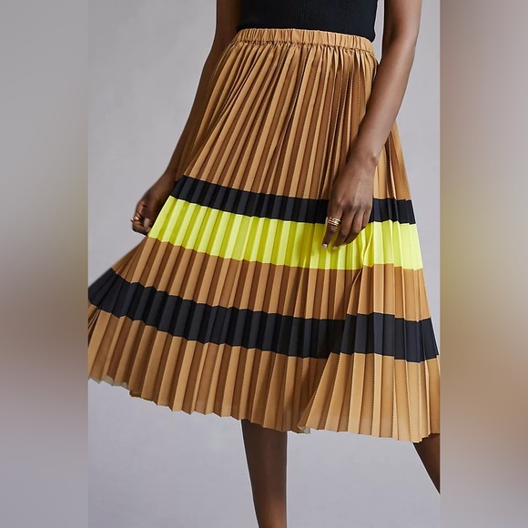 Anthropologie Maeve Tan Yellow Pleated Stripe Midi Skirt Womens Size M - Picture 5 of 11